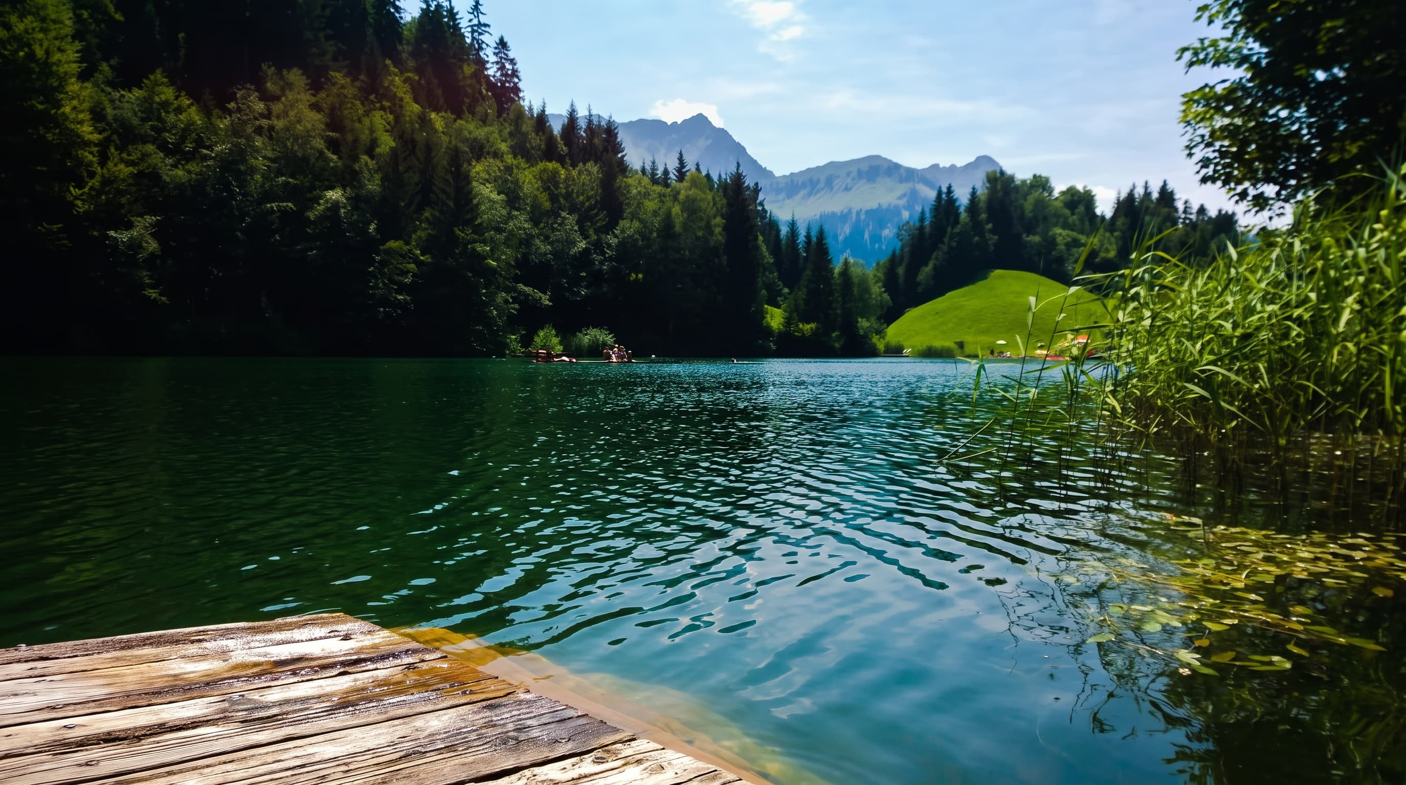 Der Seewaldsee in Fontanella mit Steg und Bergen